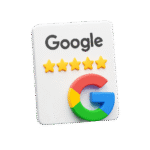 Google review card with 5 stars layered on top, and G google logo