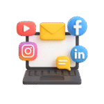 Laptop with email, youtube, facebook, instagram, linkedin, and text_chat icons around it