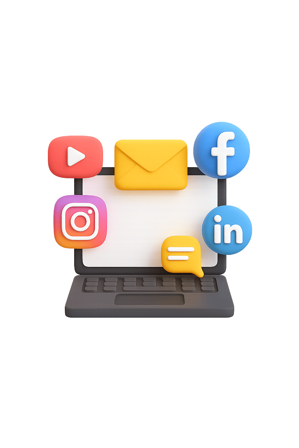 Laptop with email, youtube, facebook, instagram, linkedin, and text_chat icons around it