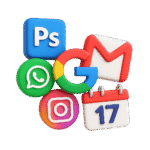 Marketing icons clustered together, i.e. photoshop, social media icons, google, calendar, mail
