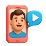 Mobile screen with face on it talking, and a play button