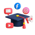 Mortarboard with email, facebook, instagram, megaphone and youtube icons floating around it